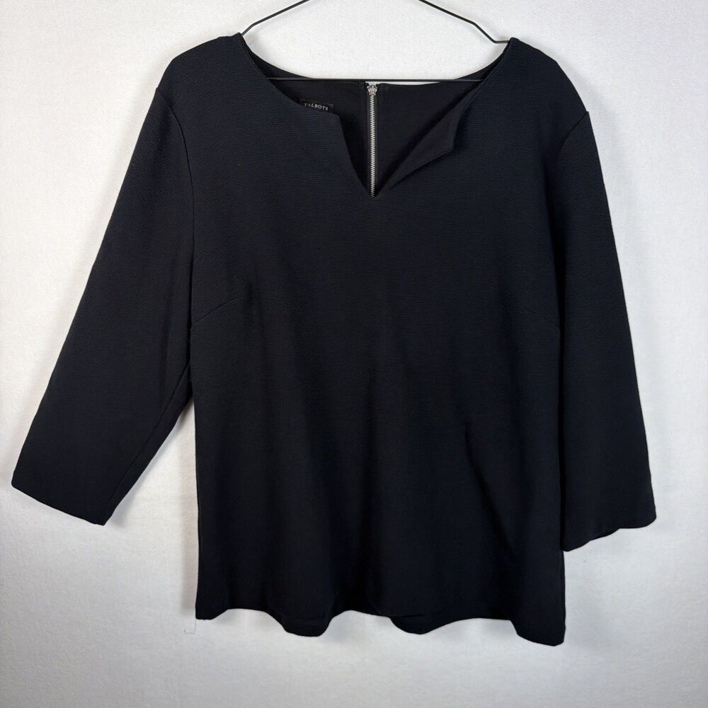 Talbots Womens Size XL Black 3/4 Sleeve Back Zip Stretch Knit Top Shirt